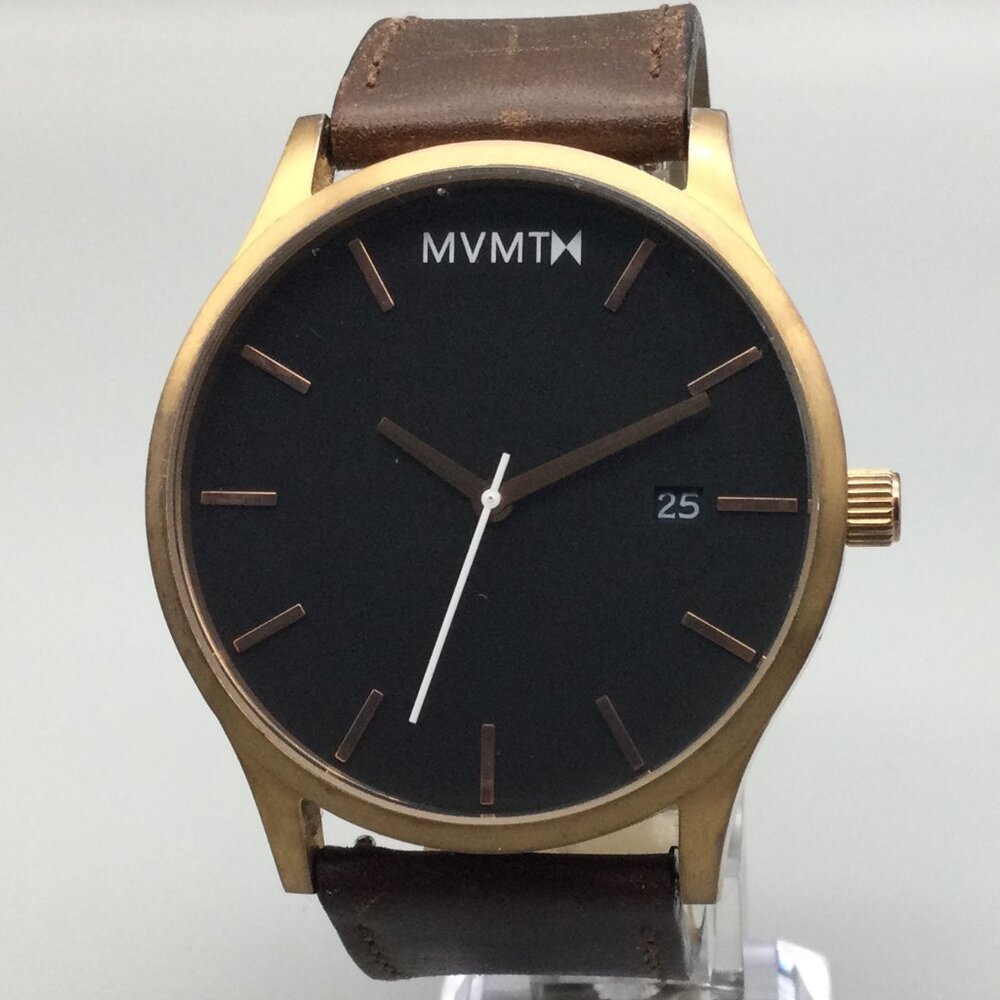MVMT Classic Watch Men 45mm Gold Tone Black Dial Brown Leather Band Date